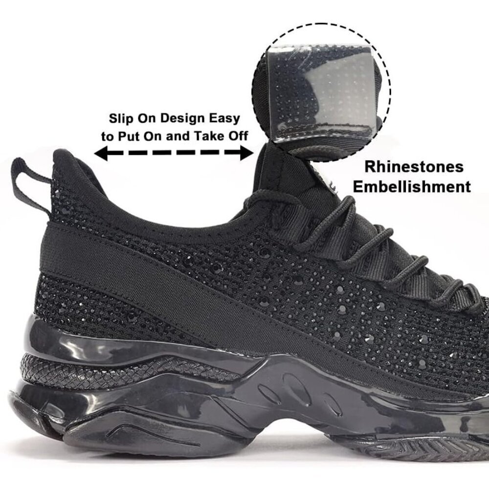 Women's Rhinestone Mesh Slip On Walking Breathable Glitter Sneaker Shoes Black - Picture 4 of 6